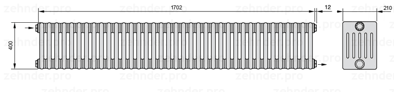 Схема (чертеж) Радиатор Zehnder Charleston 6040/37 №1670 Белый глянцевый RAL 9016